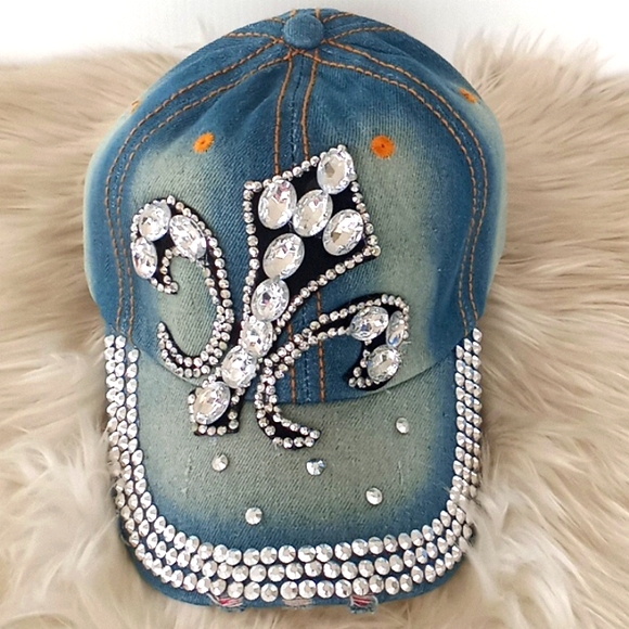Fleur di Lis Bling 💎 Denim Baseball Cap - Picture 11 of 12